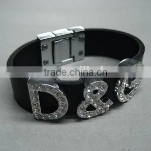 18mm Width Black Genuine Leather Letter Wristbands thumbnail-1