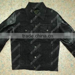Denim Biker Jacket With Leather Sleeves and Inside 100% DuPont Stretchable Kevlar On Back Body thumbnail-1