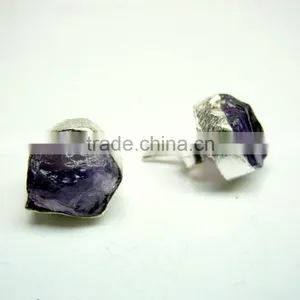 Amethyst Raw Gemstone 925 Sterling Silver Stud Jewelry, Rough Gemstone Stud Earrings thumbnail-2