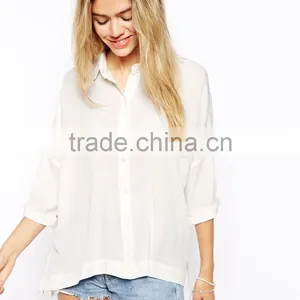 2015 New Fashionable Factory Point Collar Crinkle Oversize Blouse With Semi-sheer Woven Fabric thumbnail-1
