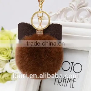 Sweety Cute Koreal Style Rex Rabbit Fur Balls Keychain With Bowknot Leather Keychain thumbnail-4