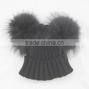 Myfur Black Color Boys Wool Knit Hat With Double Raccoon Fur Pom Poms Attached thumbnail-1
