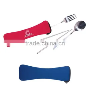 Travel Cutlery Set - Stainless Steel Spoon, Fork and Chopsticks in a Neoprene Zip Pouch and Comes With Your Logo thumbnail-1