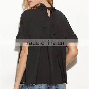 Hot Sell Embroidered Ruffle Cuff Sheer Tie Back Blouse Neck Designs Cutting thumbnail-3