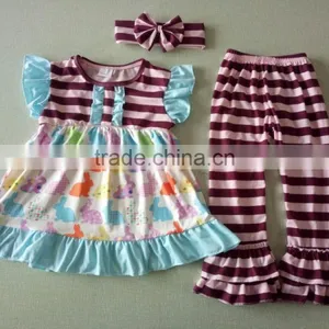 2017 Cotton Solid Dress and Stripe Ruffle Pants Sets Bunny Applique Baby Girls Toddler Easter Outfits thumbnail-1