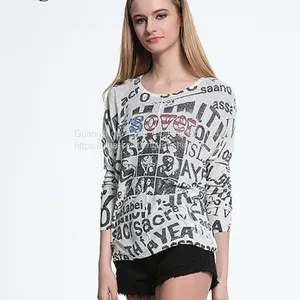 Long Sleeve Printed Word Round Neck Knitted Top Shirt thumbnail-5