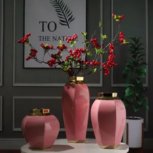 Chinese Jingdezhen Modern Simple Gild Pink Red Ceramic Vase for Showroom Bedroom thumbnail-2