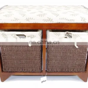 Wicker Basket Drawers Solid Wood Linen Fabric Covered Hall Storage Bench Seat thumbnail-2