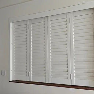 White Color 100% Custom Made Basswood Window Shutter Bi-folding Panels With Tracking Rail thumbnail-2