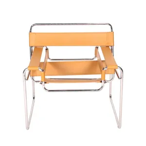 Wassily Chair Marcel Breuer 1925 Replica, Bauhaus Style Cowhide Leather Lounge Chair With Polished Chrome Steel Frame for Home Hotel thumbnail-1