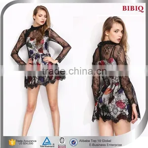 Fashion Summer Sexy Flower Printed Black Lace Girls Party Dress thumbnail-1