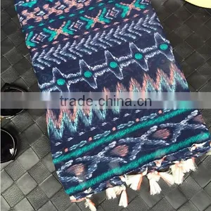 Tassel Aztec Scarf, Blue Scarf Chevron Scarf, Boho Native Southwestern Cotton Scarf, Print Scarf thumbnail-3