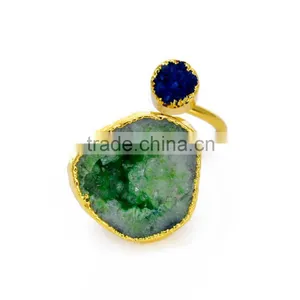 New Arrival Double Raw Stone Ring Fashion Green Navy Blue Quartz Rings Women's Adjustable Rings 21*(20/17)mm thumbnail-1