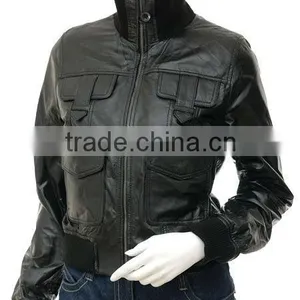 Ladies Leather Jacket & Long Collar Style With Rib and Buttons thumbnail-1