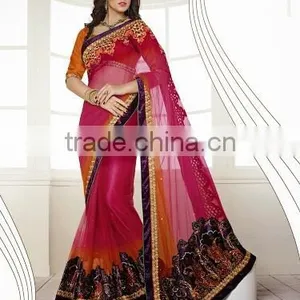 CREAM GEORGETTE ON NET LAHANGA STYLE SAREE thumbnail-5