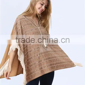 New Arrival Ladies Fashion Design Elegant Winter/Autumn Tan Colour Dolman/ Cape/Shawl Coat With Fringing and Beading for Women thumbnail-4