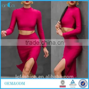 Two Piece Long Sleeve Blouse and Skirt 2016 Hot Red Ladies Evening Dress thumbnail-1