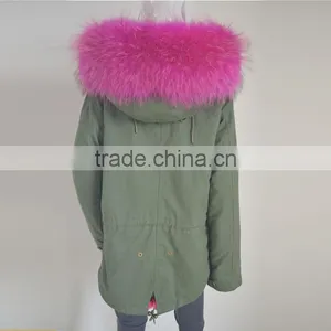 Myfur Long Parka With Rose Hot Pink Raccoon Fur Hood For Ladies thumbnail-5