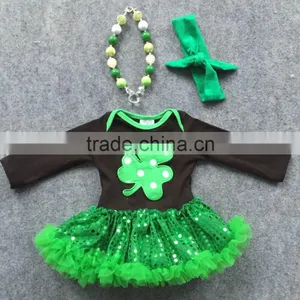 2016 New St Patrick Shamrock Paillette Tutu Dresses Girls Baby Kids Clothes Romper With Matching Necklace and Headband Set thumbnail-1