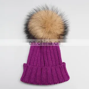Fashion Striped Pattern Fur Pompom Hat Knitted Kids Bobble Hats for Winter Warm thumbnail-5