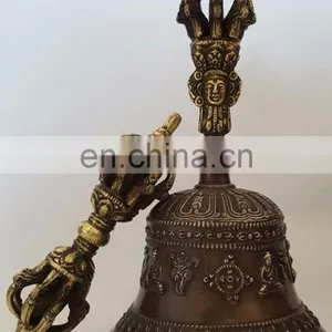 Indian Antique Tibetan Religious Brass Quality Bell Hand Vajra Dharma Objects Tibetan Buddhist Meditation Bell and Dorje Set thumbnail-6