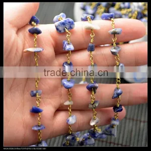 LFD-003C ~Wholesale DIY Gold Plated Wire Wrapped Freeform Lapis Chips Chain Gemstone Beaded Jewelry Finding thumbnail-1