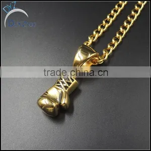 Stainless Steel Gold Plated Boxing Gloves Pendant 24" Cuban Necklace Chain thumbnail-3
