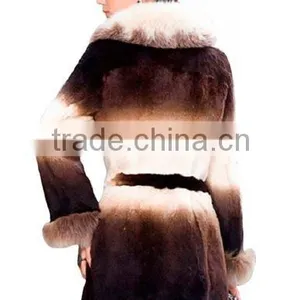 Long Women's 100% Real Rabbit Fur Coat With Fox Trim With Fox Collar thumbnail-2