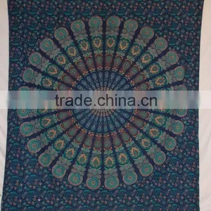 Bohemian Block Printed Bed Sheet /Bed Spread Hippie Mandala Indian Tapestry, Blue Cotton Mandala Bed Cover thumbnail-1
