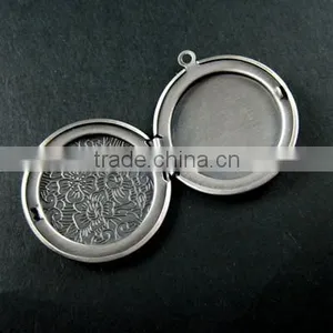 32mm Brass Antqiued Silver Vintage Style Flower Engraved Round Photo Locket Pendant 1113014 thumbnail-3