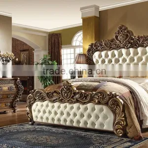 Bisini Italian Royal Hand Carved Wooden Bedroom King Size Bed With Leather Headboard/European Solid Wood Furniture(MOQ=1 SET) thumbnail-3