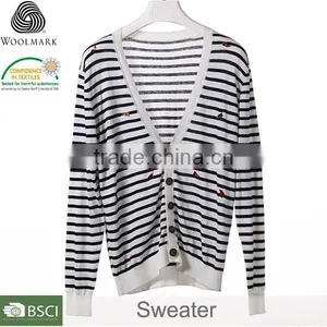 Small Quantity Clothing Sweater Manufacturern for Girl,striped Crewneck Black & White Cardigan Sweater thumbnail-1