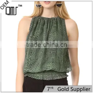 2017 OEM Women Breezy Elastic Round Neckline Leopard Blouse thumbnail-1