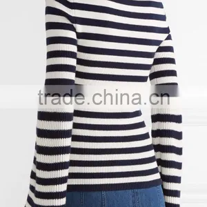 Among Best Selling Bell Sleeved Navy Blue and White Striped Women Spring Sweater thumbnail-3