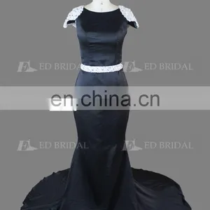 Elegant Cap Sleeve Beaded Court Train Black Long Evening Dress For Fat Women thumbnail-5