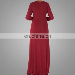Muslim Long Sleeve Abaya Red Jersey Fabric Islamic Design Plain Solid Color Abaya Dress thumbnail-2
