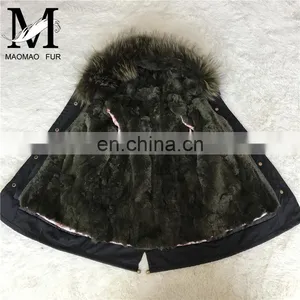 High Quality Manufacture Fashionable Winter Rose Red Rex Rabbit Fur Lining Baby Fur Parka Coat thumbnail-5