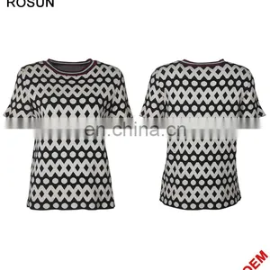 Acrylic Flat Knitted Sweater for Women as Stripe Collar Short Sleeve Polka Dot T-shirt of Latest Design Girls Top thumbnail-5