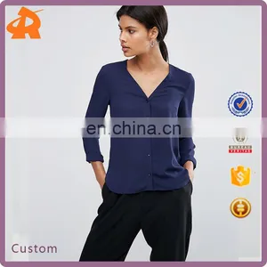 2017 Women's Newest Design OEM Blouse V- Neck Chiffon Blouse Wholesale thumbnail-1