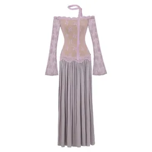 Pure Desire Style Off-shoulder Lace Patched Faux Two-piece Long Sleeve Dress, New Autumn Waist-cinching Slim and Elegant Long Dress thumbnail-1