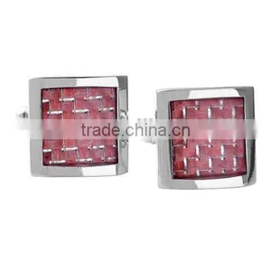 Stainless Steel Classic Men's Cufflinks,pink Brick Red Grid Silver Tone, Pink Carbon Fiber Cufflinks thumbnail-1