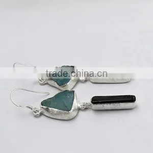 New Style Rough Aquamarine & Black Onyx 925 Sterling Silver Earring, 925 Stamped Silver Jewelry, Buy Silver Jewelry thumbnail-4