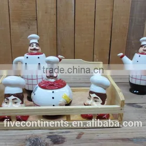 Chef Emboss Ceramic Spice Cruet Set With Wooden Base thumbnail-1
