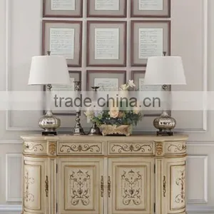 Hand Painted Rustic White Console Cabinet, Vintage Chest Of Drawers With Wood Veneer, Classic Style Wood Carved Curio Sideboard thumbnail-2