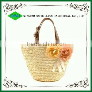 Wholesale Decorative Lovely Woven Straw Bag Corn Husk Bag With Leather Handles thumbnail-1