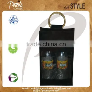 Coated Nylon Fabric Wine Bag With Wooden Cane Handle thumbnail-1