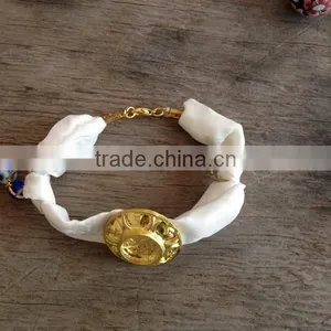 Fabric Cloth Bracelet With Polymer Clay Flower Charm, Gold Teapot Charm Silk Cloth Bracelet New Design Fabric Bracelet thumbnail-2