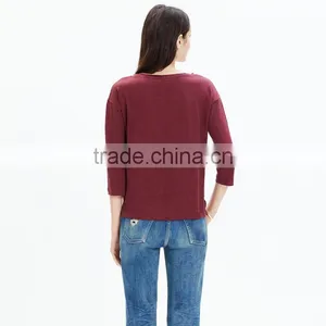 Claret Modern Linen Three Quarter Sleeve Women t Shirt thumbnail-3
