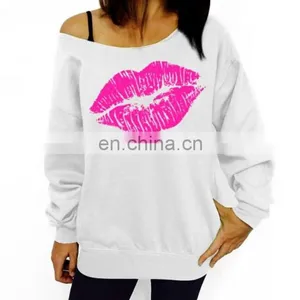 New Wholesale Women Lips Print Pullover One Shoulder Jumper Sweater Hoodie Sweatshirt Tops thumbnail-4