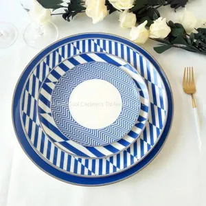 Wholesale High Quality Dinnerware Japanese Porcelain Dishes Blue Rim Stripe Ceramic Steak Plate thumbnail-1